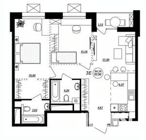 3-к квартира, строящийся дом, 66м2, 11/17 этаж