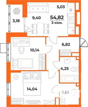 3-к квартира, вторичка, 55м2, 5/10 этаж