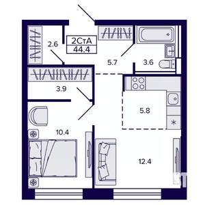 2-к квартира, строящийся дом, 44м2, 1/22 этаж