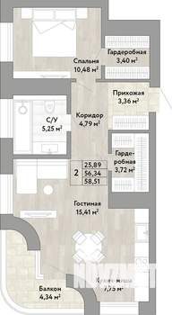 2-к квартира, вторичка, 56м2, 18/22 этаж