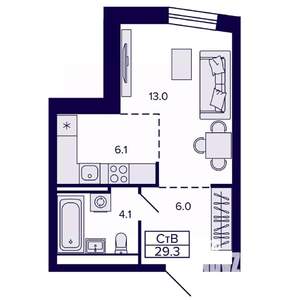 Студия квартира, строящийся дом, 29м2, 17/22 этаж