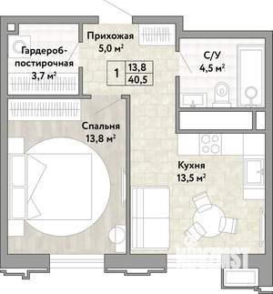 1-к квартира, вторичка, 41м2, 11/21 этаж