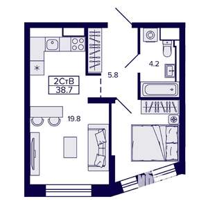 2-к квартира, строящийся дом, 39м2, 14/30 этаж