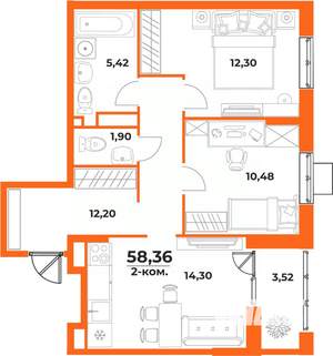 2-к квартира, вторичка, 58м2, 10/10 этаж