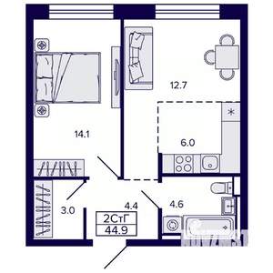 2-к квартира, строящийся дом, 45м2, 6/22 этаж