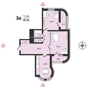 3-к квартира, строящийся дом, 80м2, 22/25 этаж