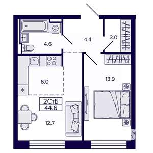 2-к квартира, строящийся дом, 45м2, 19/22 этаж