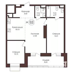 2-к квартира, вторичка, 71м2, 5/23 этаж