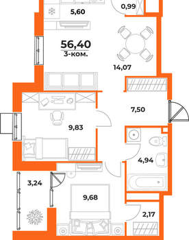 3-к квартира, вторичка, 56м2, 3/10 этаж