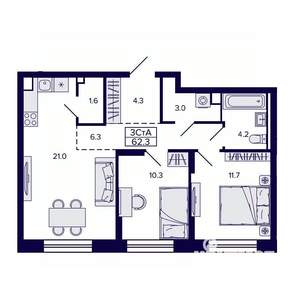 3-к квартира, строящийся дом, 62м2, 6/30 этаж