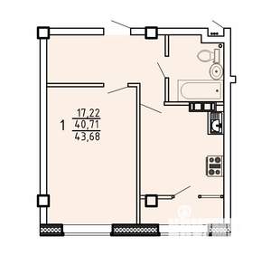 1-к квартира, строящийся дом, 44м2, 3/9 этаж