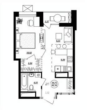2-к квартира, строящийся дом, 40м2, 11/17 этаж