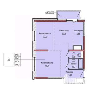 3-к квартира, строящийся дом, 61м2, 12/25 этаж