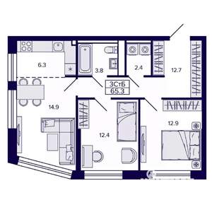 3-к квартира, строящийся дом, 65м2, 3/22 этаж