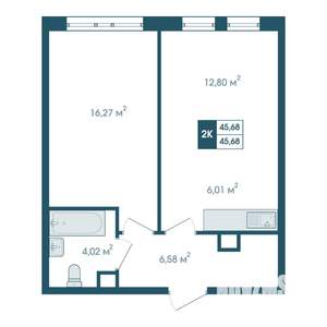 2-к квартира, строящийся дом, 46м2, 7/15 этаж