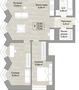 3-к квартира, вторичка, 73м2, 20/22 этаж