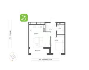 1-к квартира, вторичка, 46м2, 2/9 этаж