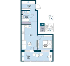 1-к квартира, вторичка, 43м2, 9/19 этаж