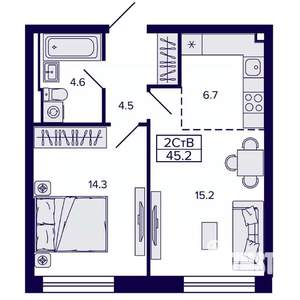 2-к квартира, строящийся дом, 45м2, 17/22 этаж