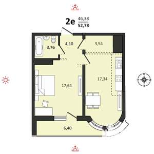 2-к квартира, строящийся дом, 53м2, 17/25 этаж