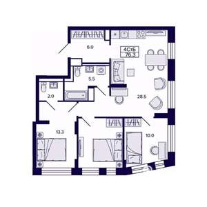 4-к квартира, строящийся дом, 76м2, 26/30 этаж