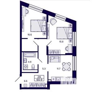2-к квартира, строящийся дом, 61м2, 6/30 этаж