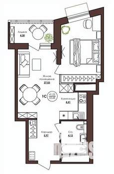 1-к квартира, строящийся дом, 44м2, 21/23 этаж
