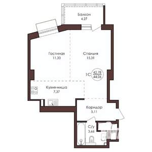 1-к квартира, вторичка, 44м2, 18/23 этаж