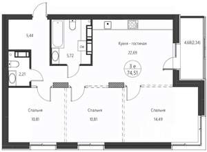 3-к квартира, вторичка, 75м2, 22/24 этаж