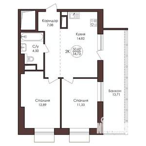 2-к квартира, вторичка, 55м2, 6/23 этаж