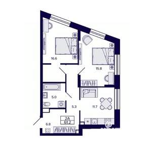 2-к квартира, строящийся дом, 61м2, 2/30 этаж