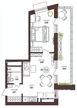 1-к квартира, вторичка, 47м2, 18/23 этаж