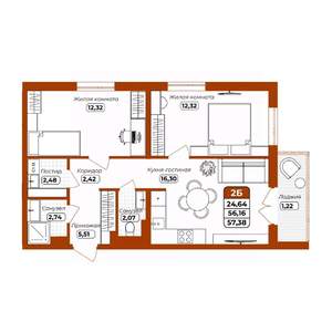 2-к квартира, вторичка, 57м2, 4/12 этаж