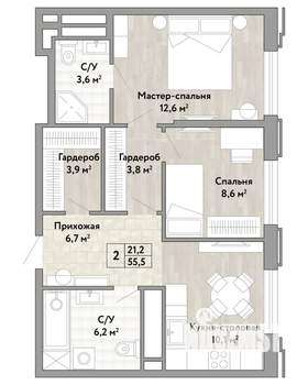 2-к квартира, строящийся дом, 56м2, 13/14 этаж