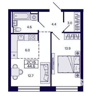 2-к квартира, строящийся дом, 45м2, 3/22 этаж