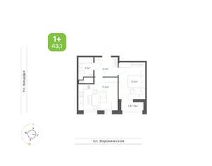 1-к квартира, вторичка, 43м2, 2/16 этаж