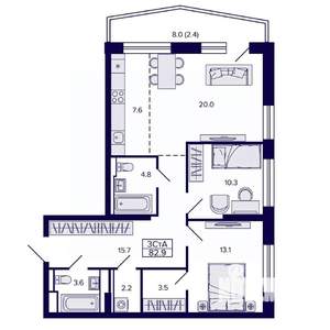 3-к квартира, строящийся дом, 83м2, 6/22 этаж