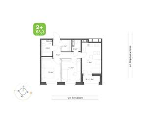 2-к квартира, вторичка, 58м2, 6/9 этаж