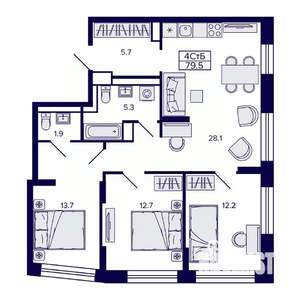 4-к квартира, вторичка, 80м2, 22/30 этаж