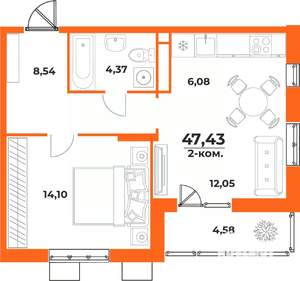 2-к квартира, вторичка, 47м2, 2/10 этаж