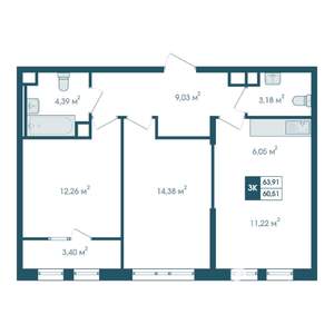 3-к квартира, строящийся дом, 64м2, 9/15 этаж