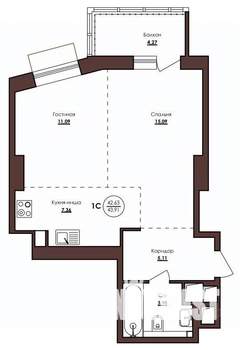 1-к квартира, строящийся дом, 44м2, 10/23 этаж