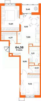 3-к квартира, вторичка, 64м2, 3/10 этаж