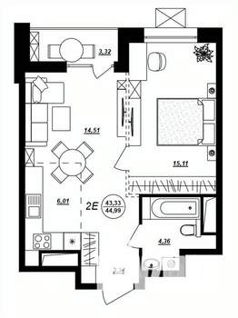 2-к квартира, строящийся дом, 45м2, 5/17 этаж