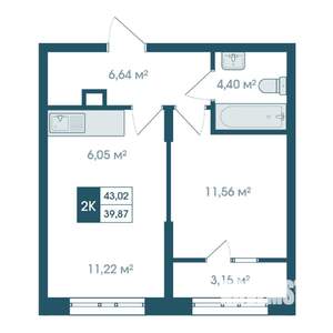 2-к квартира, строящийся дом, 43м2, 5/19 этаж
