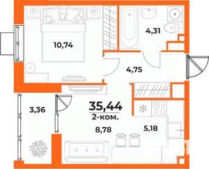 2-к квартира, вторичка, 35м2, 5/10 этаж
