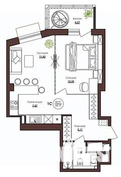 1-к квартира, строящийся дом, 44м2, 20/23 этаж