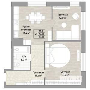 2-к квартира, строящийся дом, 65м2, 12/22 этаж