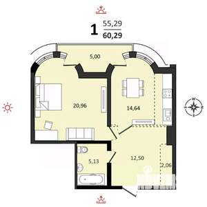 1-к квартира, вторичка, 60м2, 3/25 этаж
