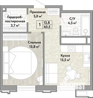 1-к квартира, вторичка, 41м2, 2/21 этаж